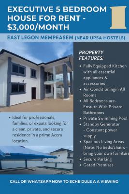 Executive 5 Bedrooms, East Legon, Accra, House for Rent